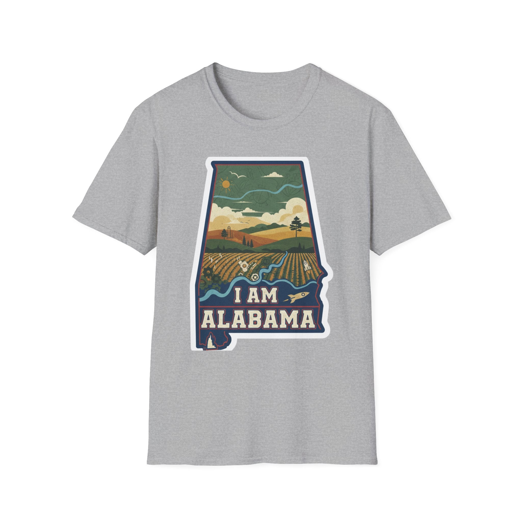I Am Alabama T-shirt, heather grey crew tee with “I AM ALABAMA” landscape state design