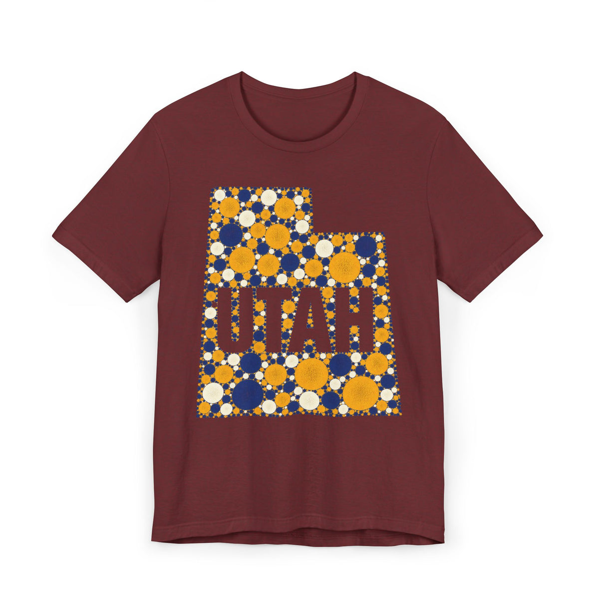 Burgundy crewneck T-shirt with multicolor polka-dot Utah map graphic