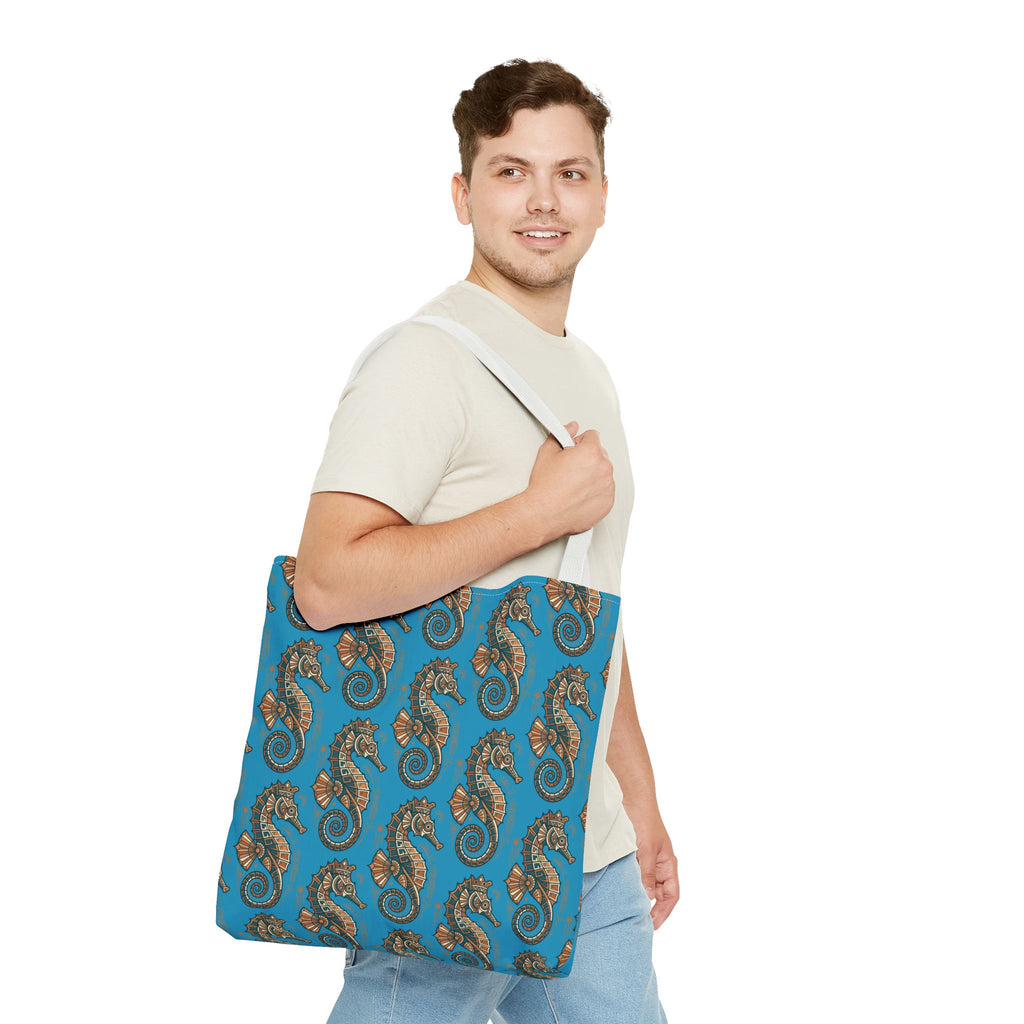 Blue tote bag with steampunk seahorse all-over pattern and beige shoulder straps