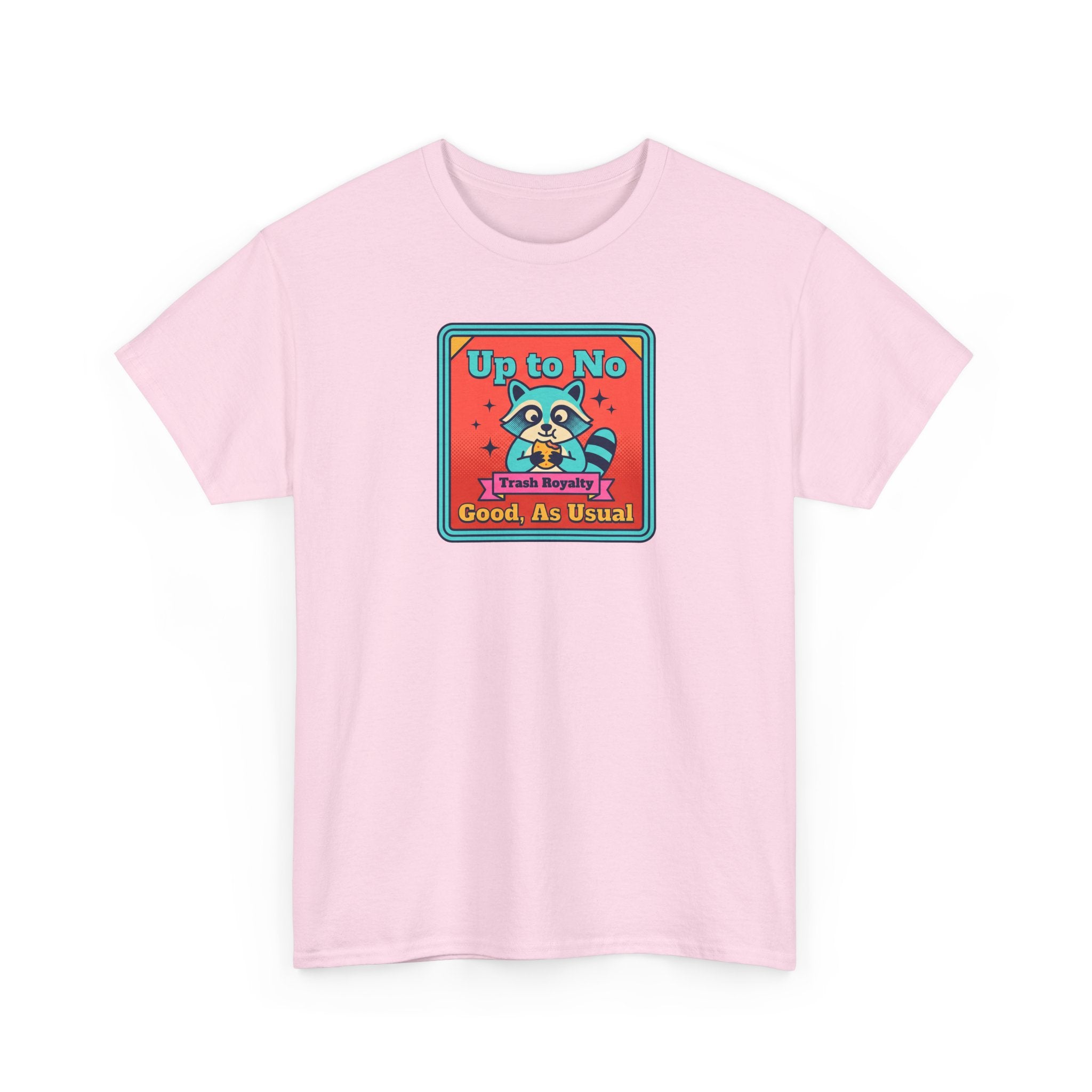 Light pink T-shirt with raccoon graphic and “Good As Usual” text.