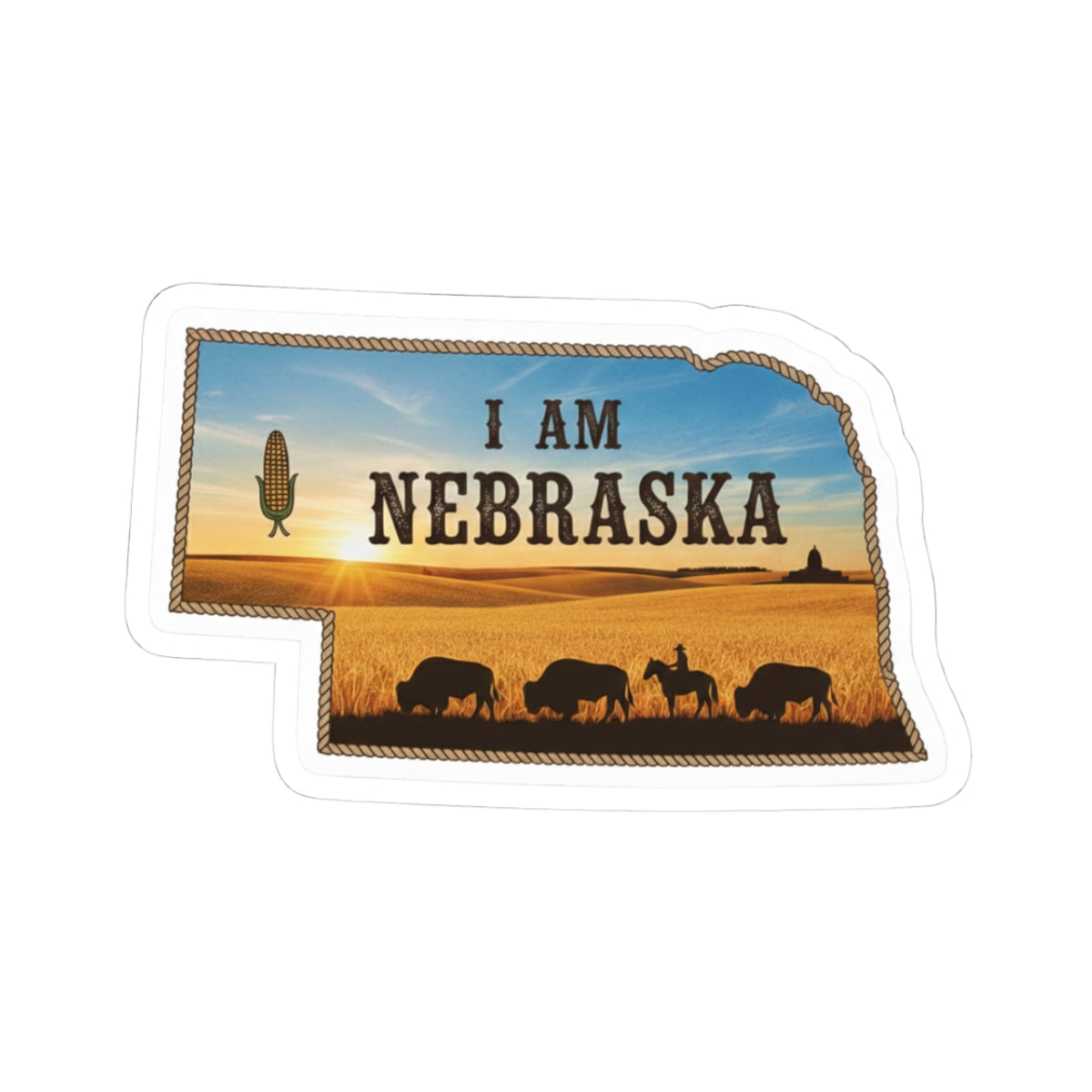 I AM NEBRASKA sticker with cornfield sky, buffalo silhouettes and cactus