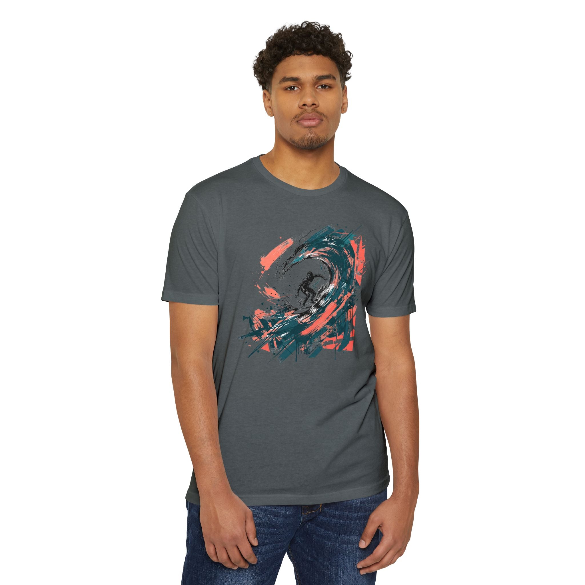 Dark heather grey T-shirt with abstract wave paintbrush graphic in teal and orange.
