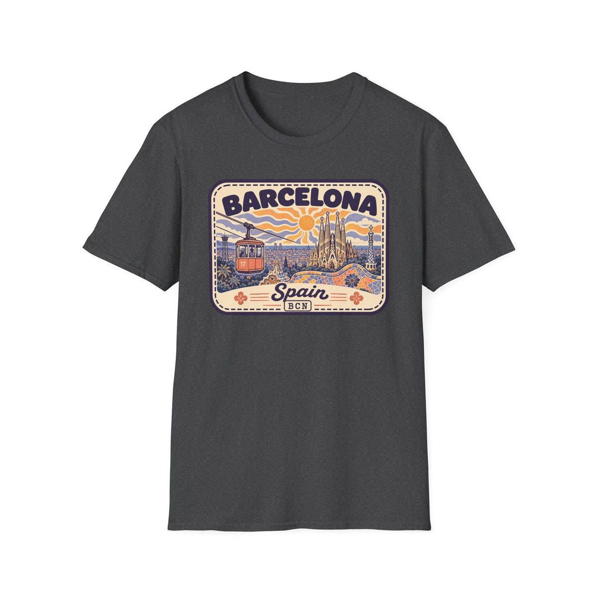 Charcoal T-shirt with front graphic print reading Barcelona and Spain