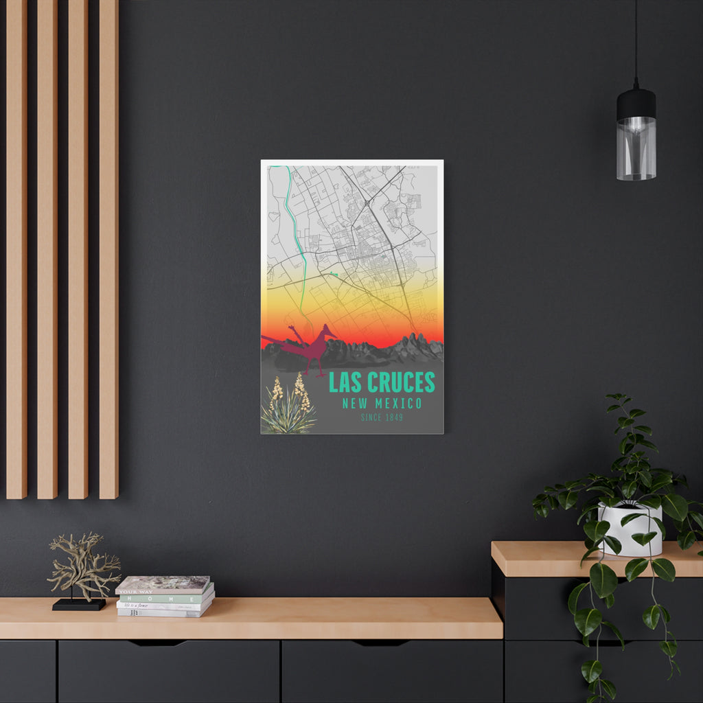 Las Cruces New Mexico map canvas centered on wall with desert graphic and 'Las Cruces' text