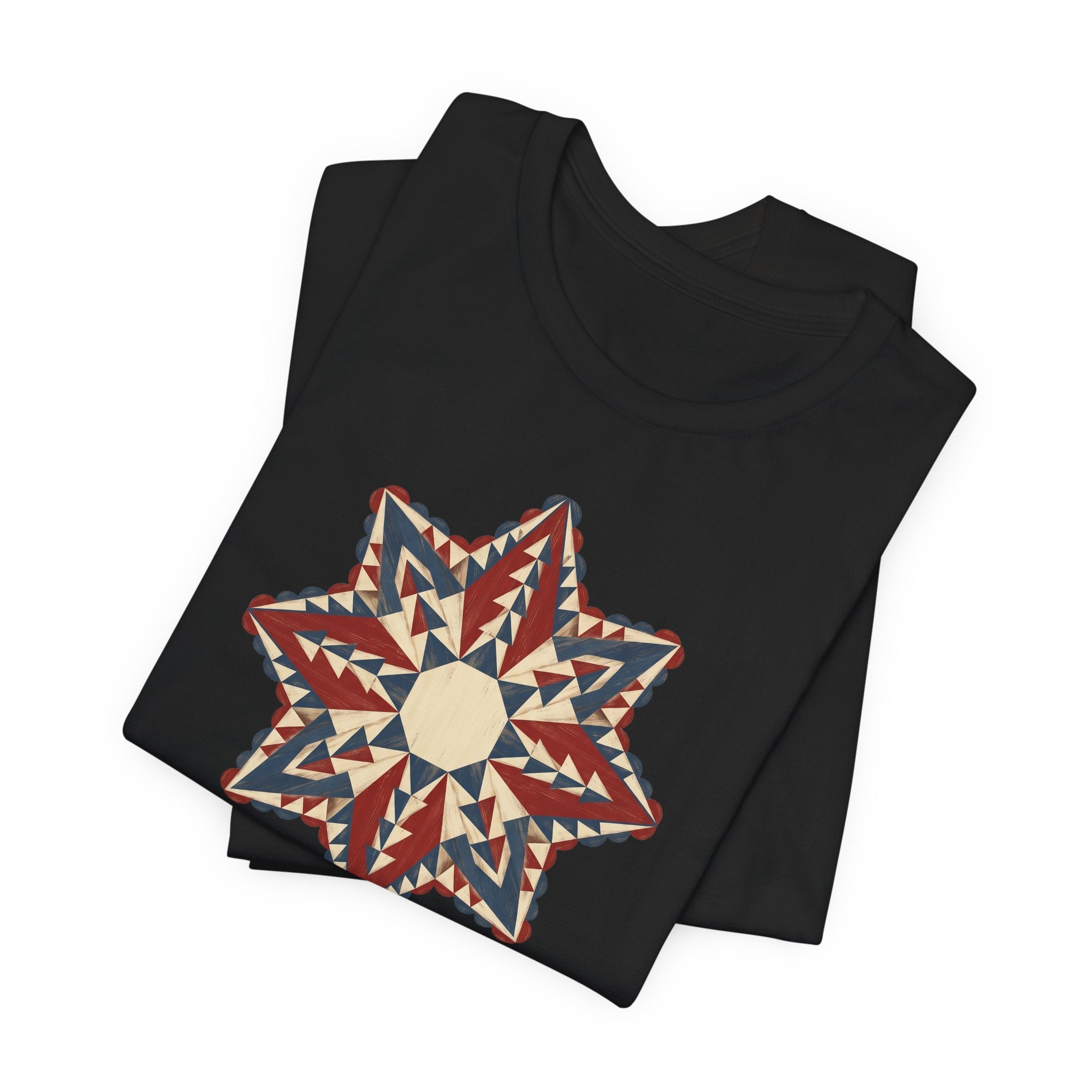 Black crewneck graphic tee with colorful Southwestern star mandala print on chest