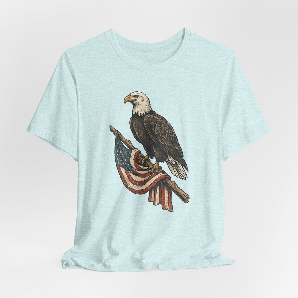 Light blue heather bald eagle graphic t-shirt with flag ribbon print