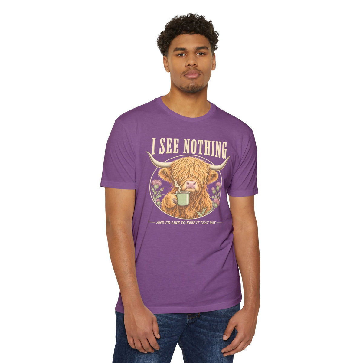 Purple short-sleeve T-shirt with Highland cow graphic and “I see nothing” text