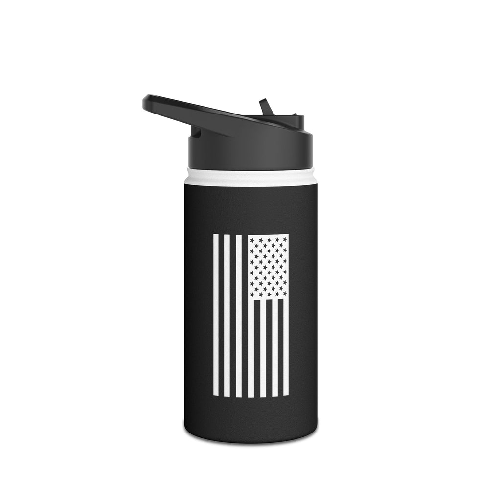 Black stainless steel tumbler with flip lid and flag-style stripe and star graphic