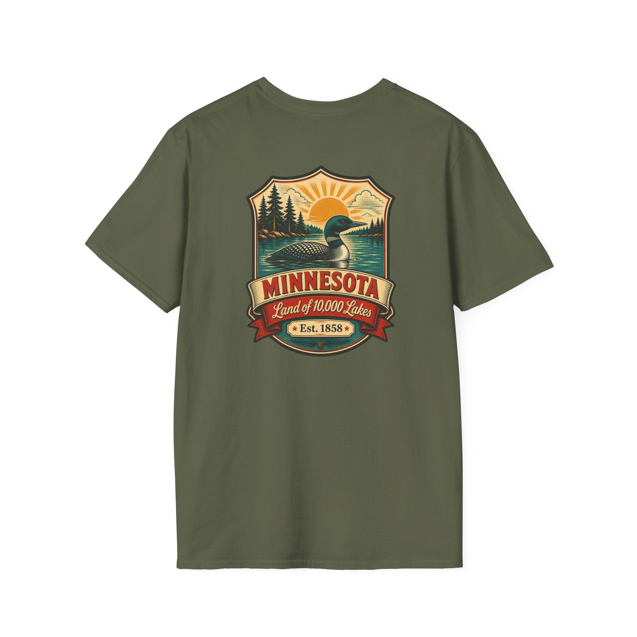 Military green T-shirt with Minnesota retro lake badge graphic at chest