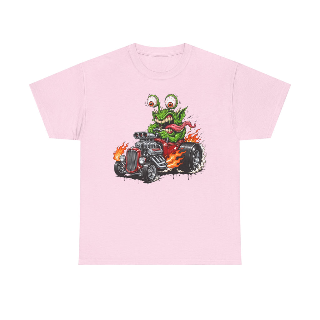Monster hot rod graphic tee in light pink, front monster driving hot rod with flames