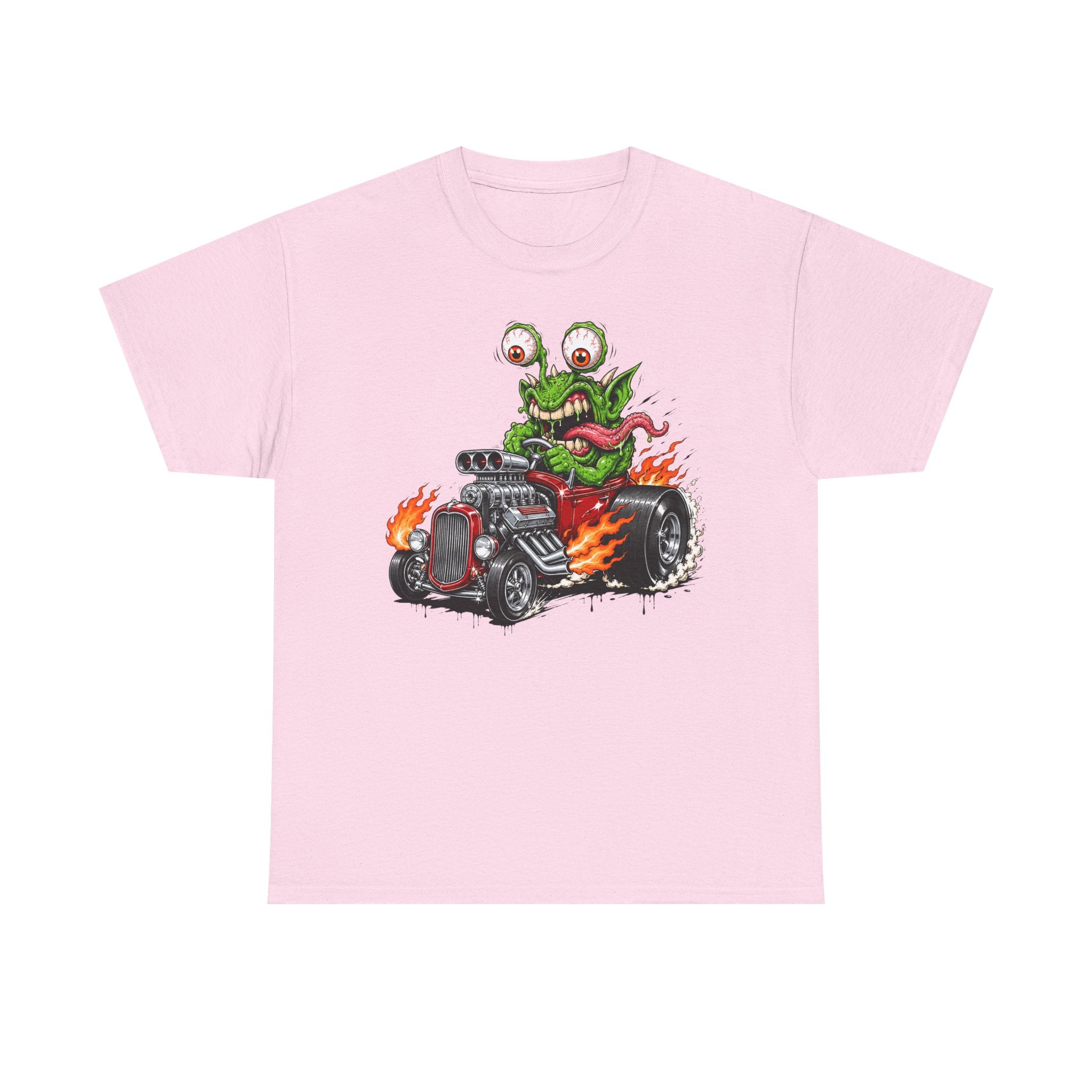 Monster hot rod graphic tee in light pink, front monster driving hot rod with flames