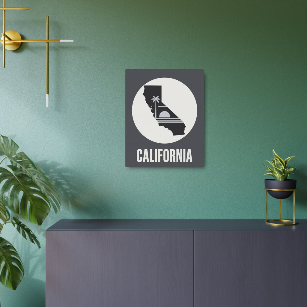 California metal wall art sign, dark square with circular California silhouette and CALIFORNIA