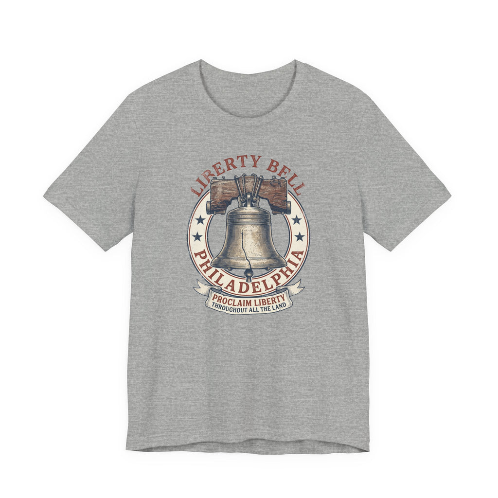 Dark heather gray T-shirt with Liberty Bell graphic emblem at center chest