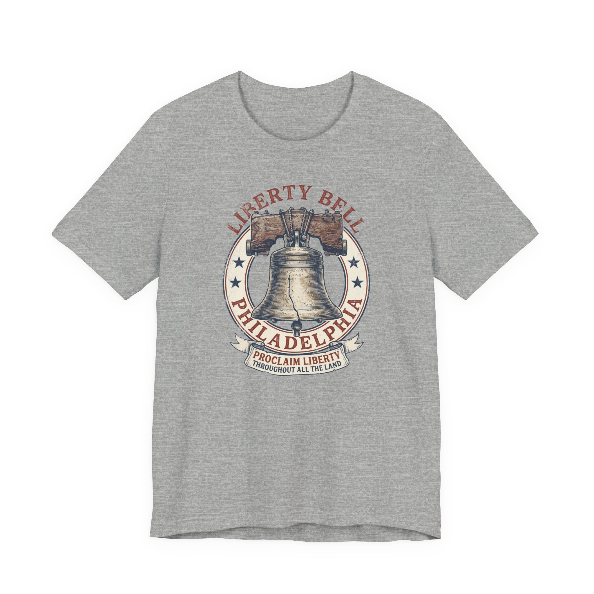 Dark heather gray T-shirt with Liberty Bell graphic emblem at center chest