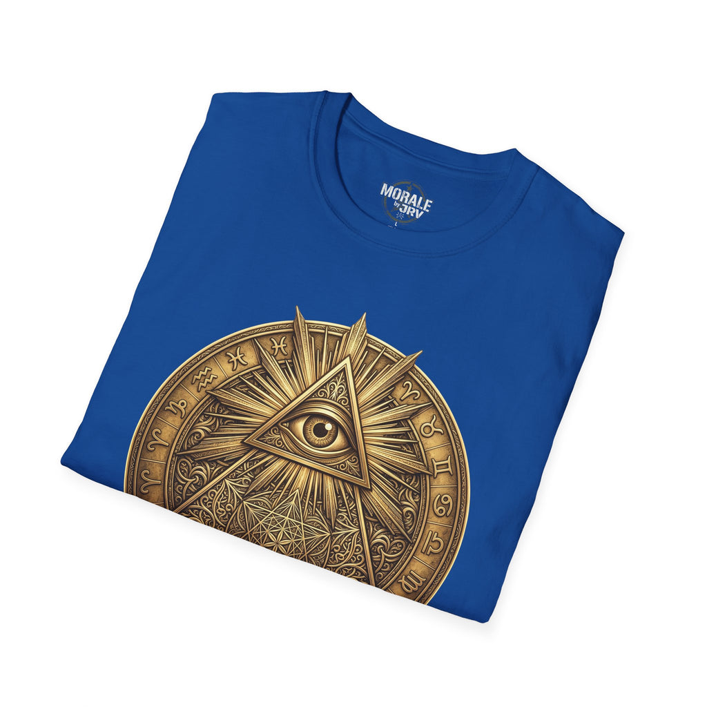 Royal blue T-shirt with gold all-seeing eye mandala symbol
