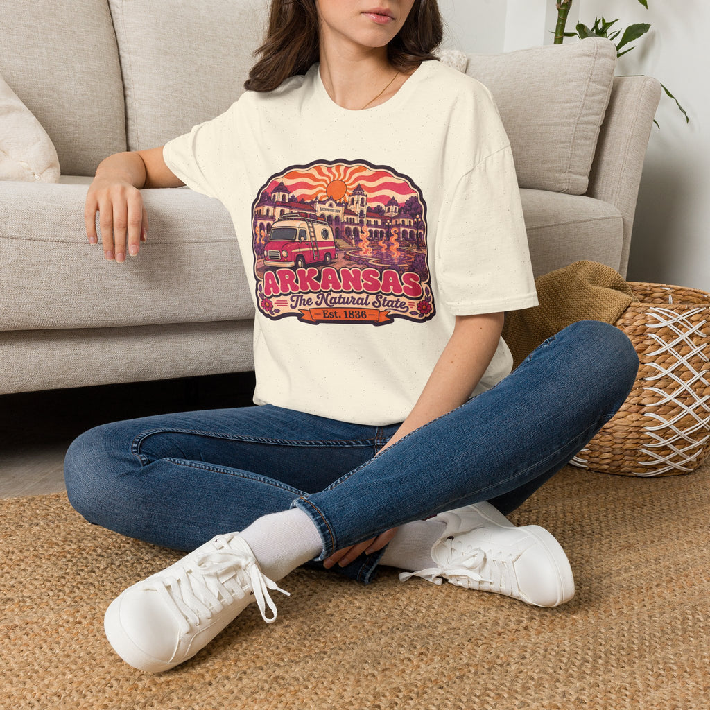 Light natural T-shirt with colorful vintage camper and state graphic
