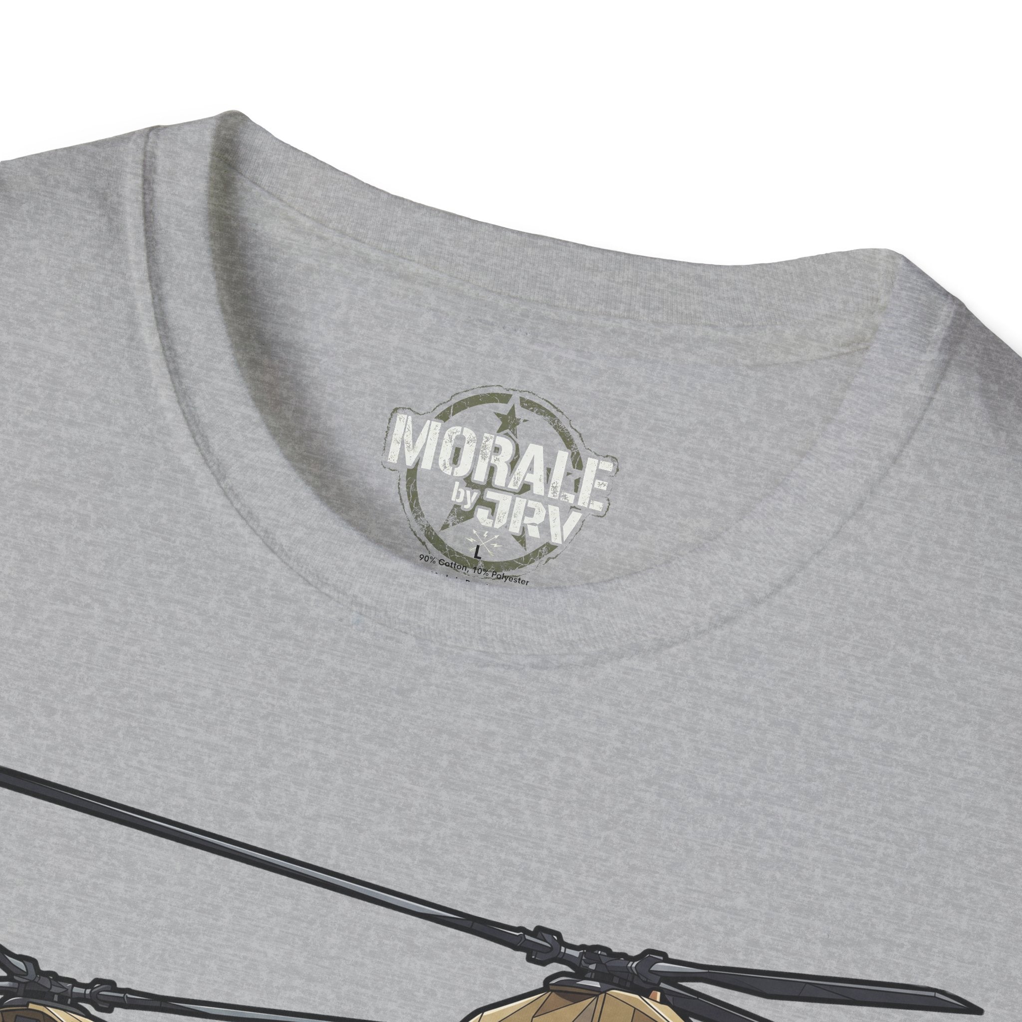 Light gray T-shirt neckline with small “MORALE by TRV” logo patch