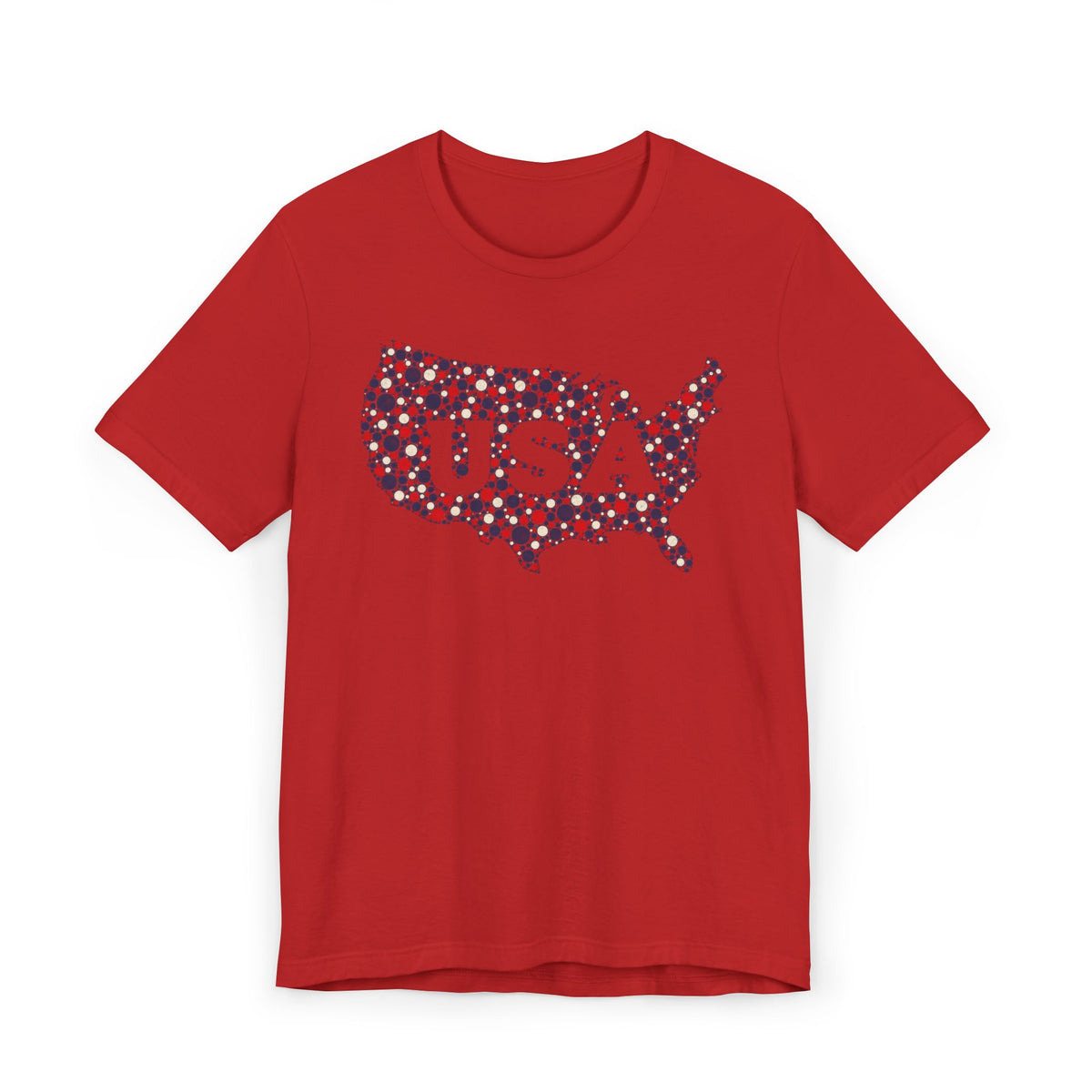 Red T-shirt with colorful USA outline graphic