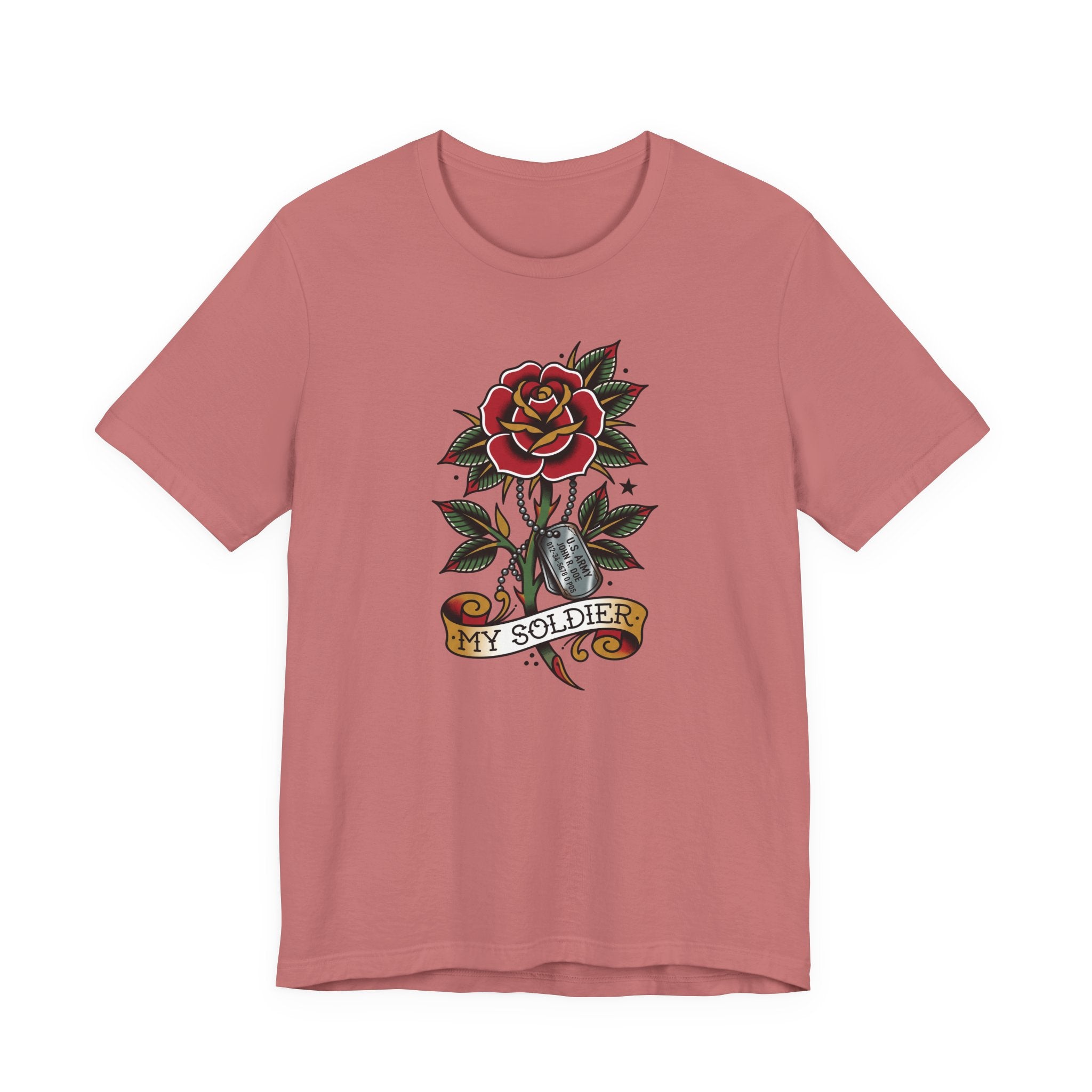 Dusty rose crewneck t-shirt with rose and dog tag graphic, My Soldier emblem.