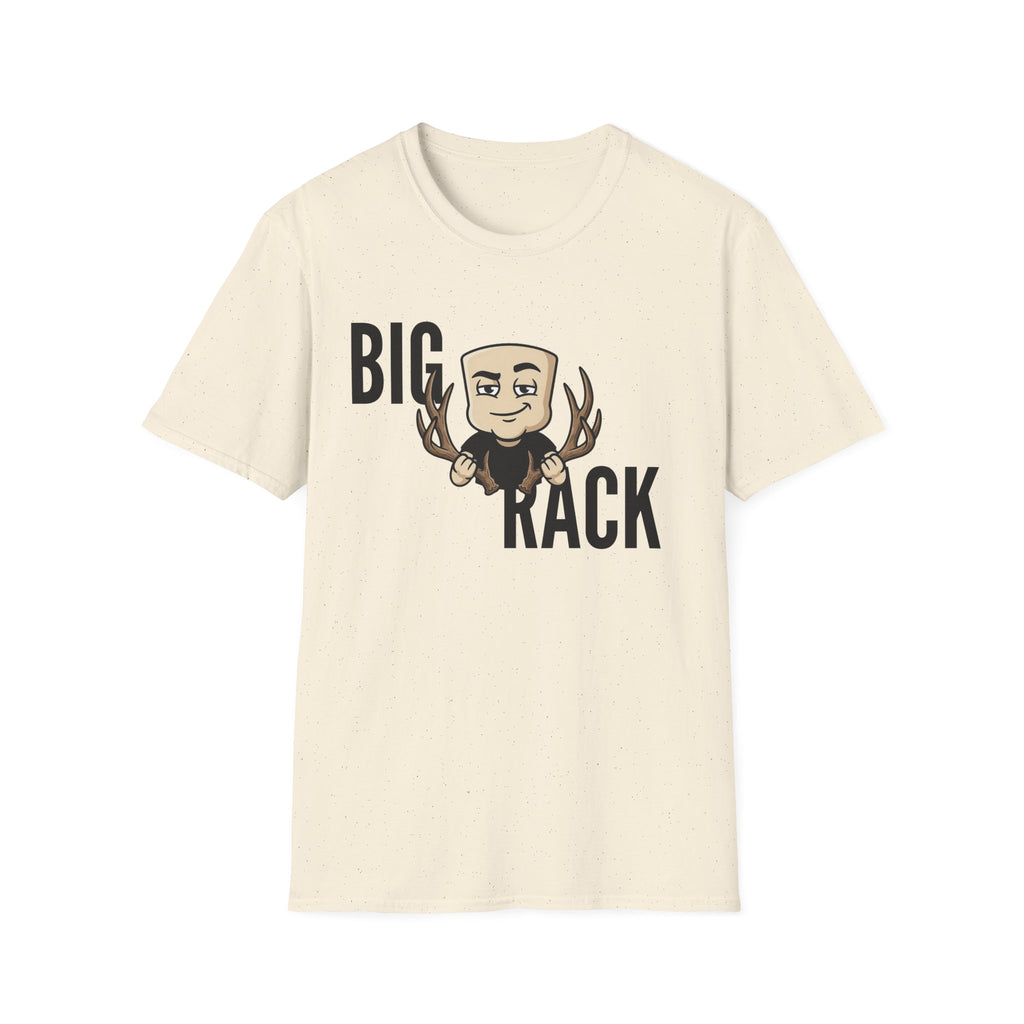 Cream T-shirt with "BIG" "KACK" cartoon hunter and antler graphic