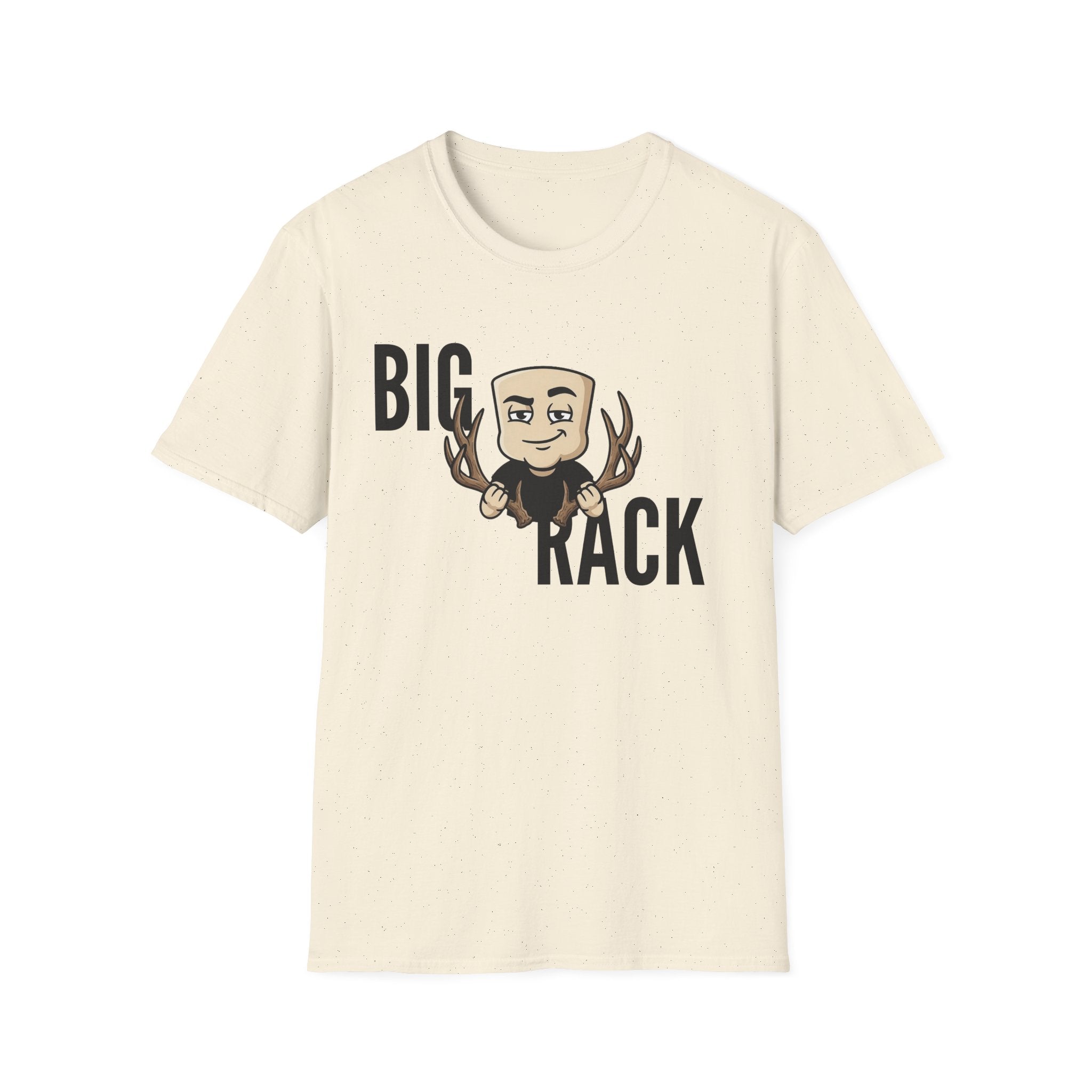 Cream T-shirt with "BIG" "KACK" cartoon hunter and antler graphic