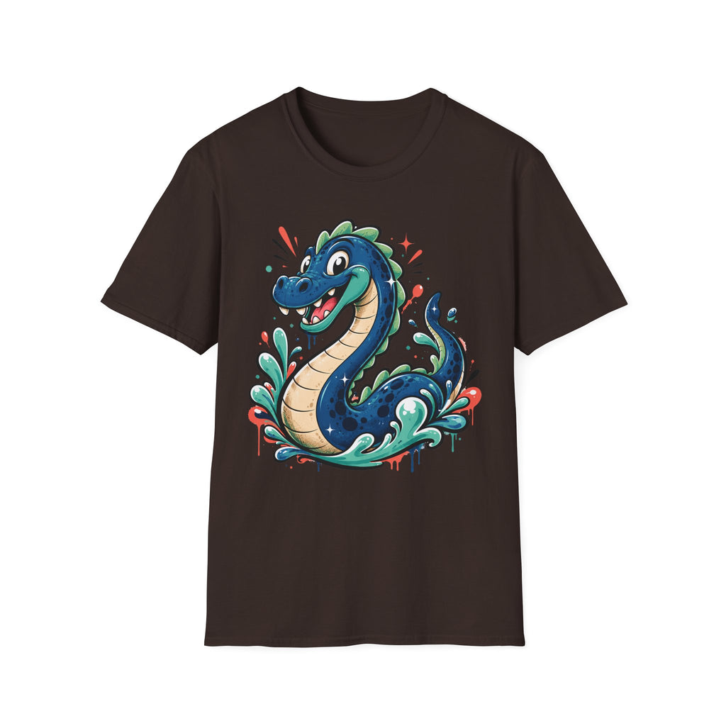 Dark brown crewneck T-shirt with colorful cartoon sea serpent graphic