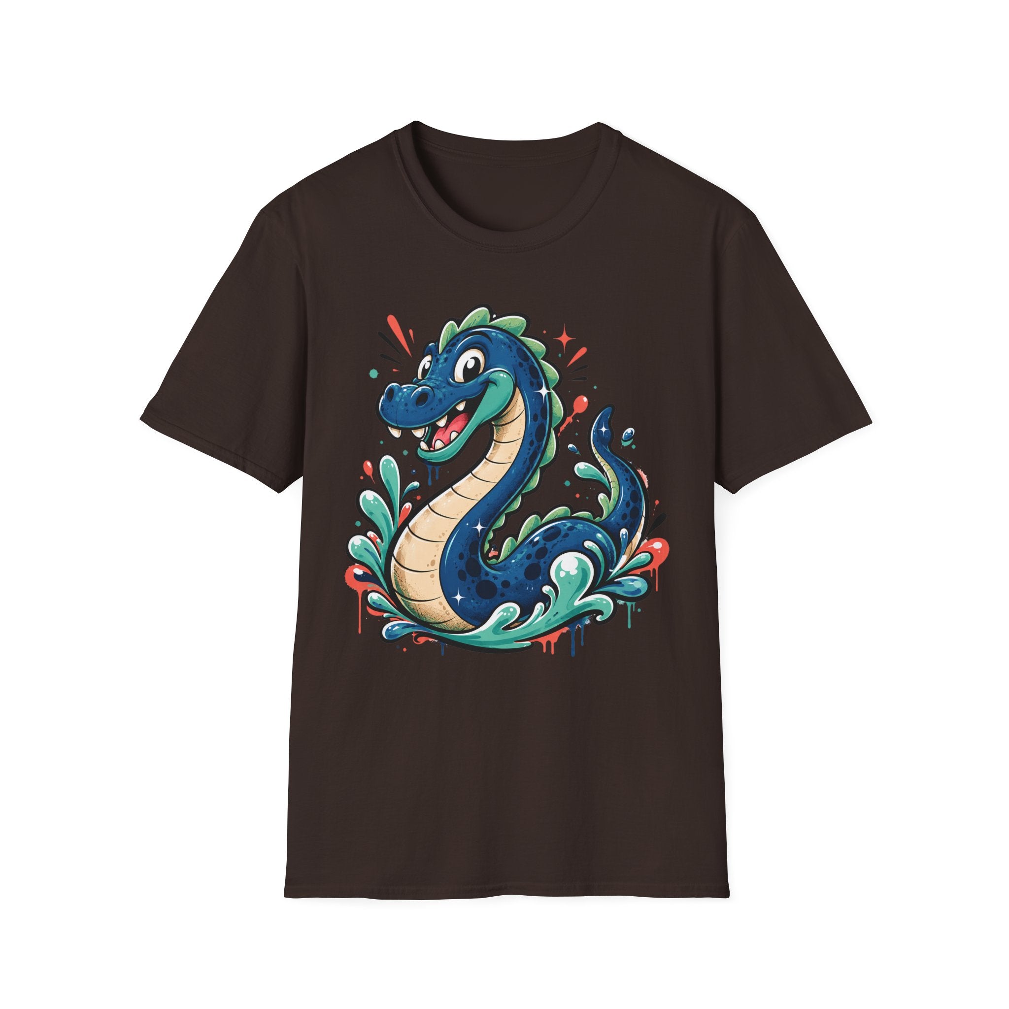 Dark brown crewneck T-shirt with colorful cartoon sea serpent graphic