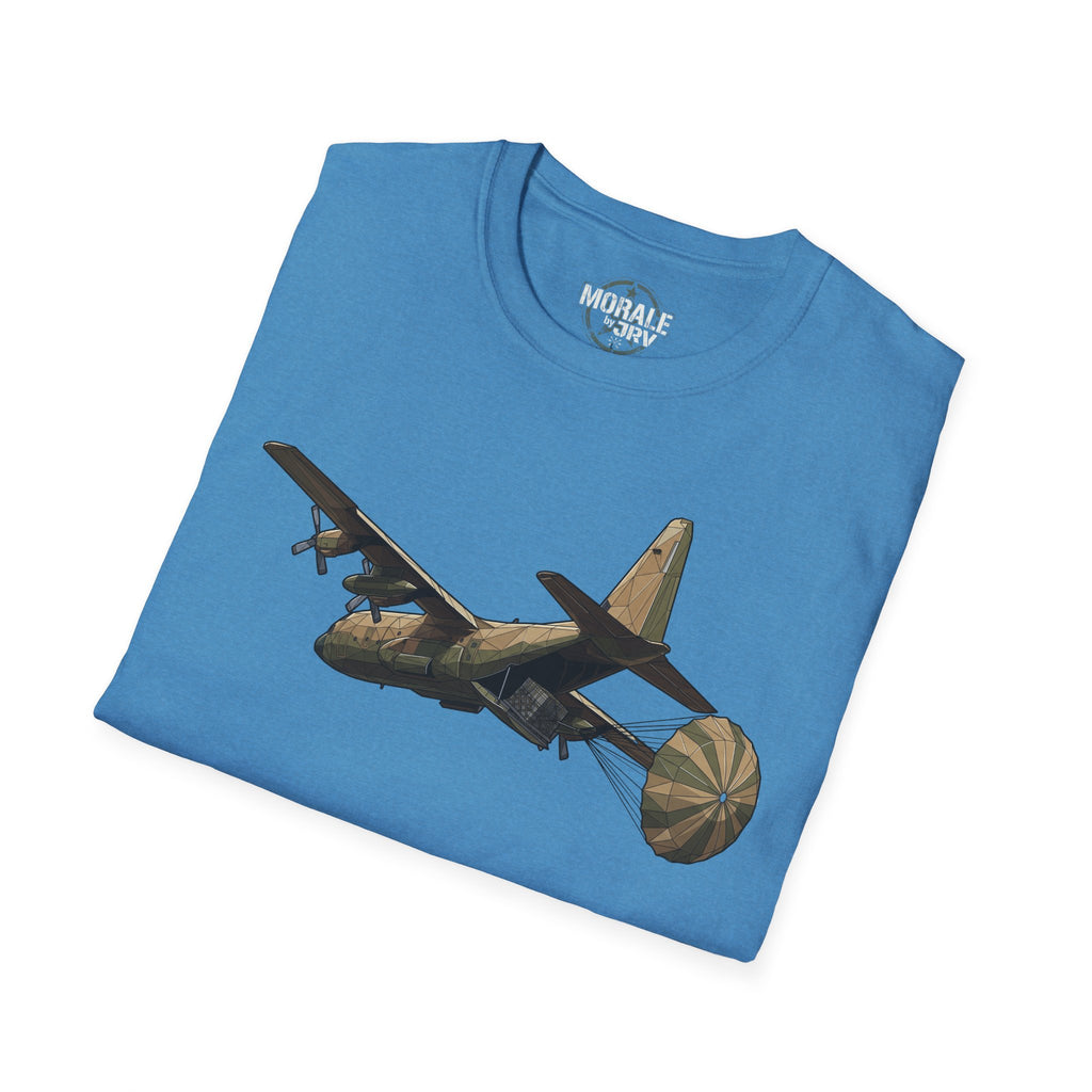 Heather Sapphire C-130 cargo plane graphic T-shirt, folded front with full design