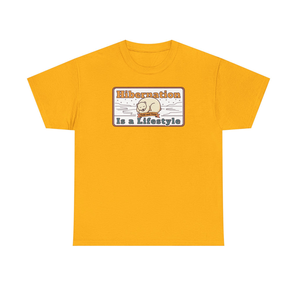 Mustard yellow crew-neck T-shirt with “Hibernation Is a Lifestyle” sloth graphic on chest