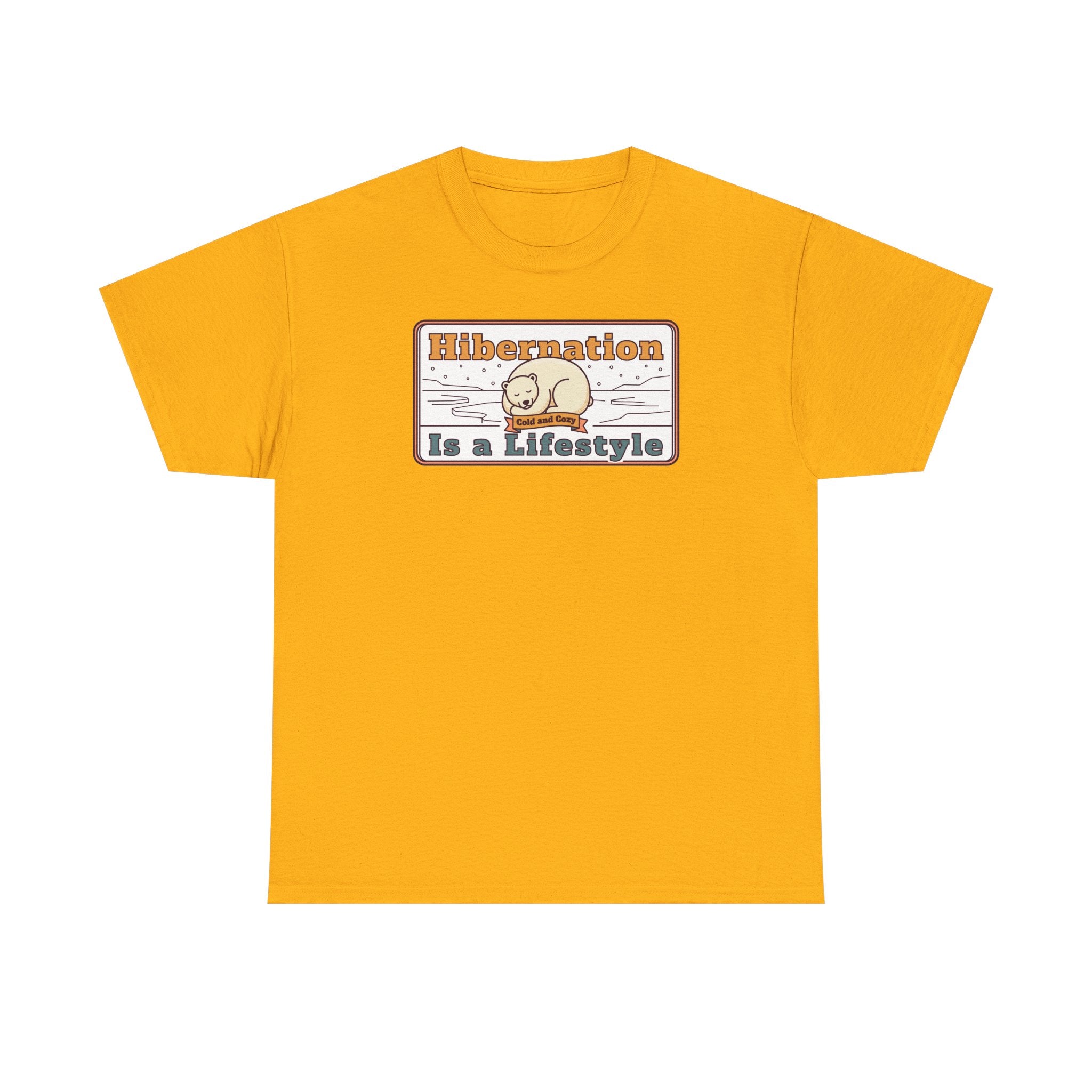 Mustard yellow crew-neck T-shirt with “Hibernation Is a Lifestyle” sloth graphic on chest