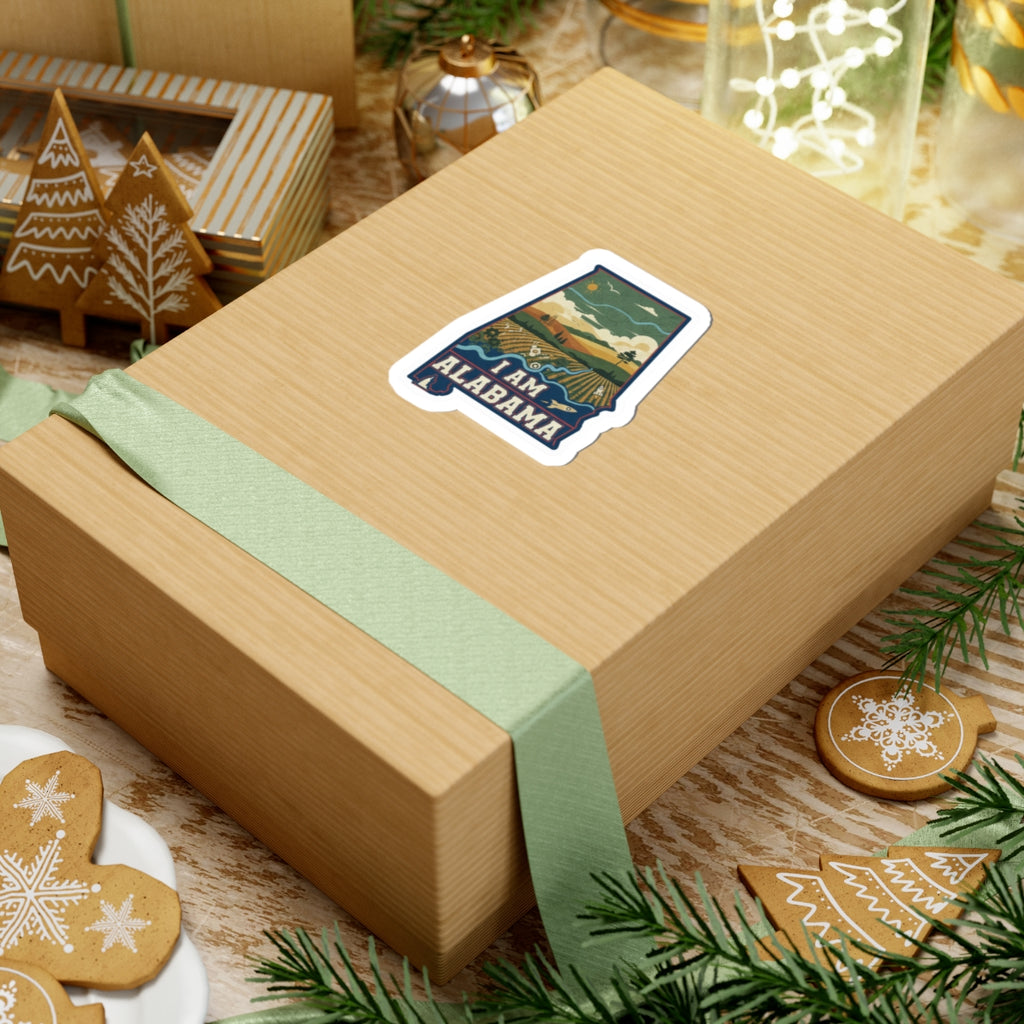 I AM ALABAMA sticker on a gift box lid with green ribbon