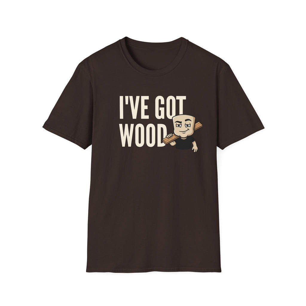 Dark brown T-shirt with 'I've Got Wood' graphic and cartoon carpenter holding wood