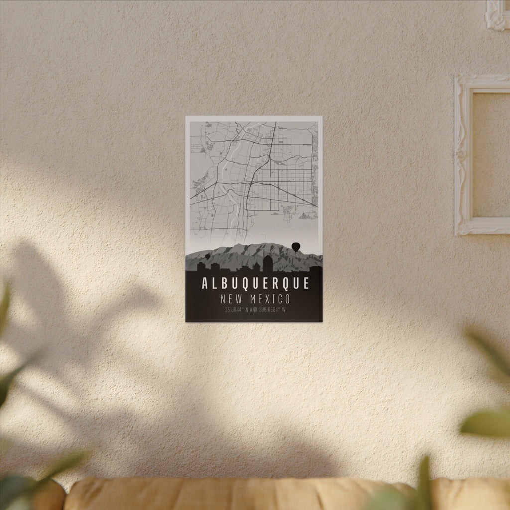 Albuquerque New Mexico map canvas in vertical orientation, skyline and map details