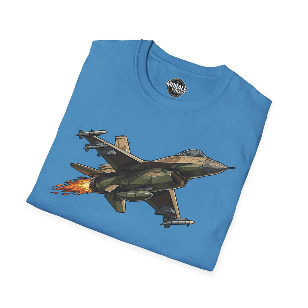 Light blue T-shirt with fighter jet graphic and “Morale by Jri” logo