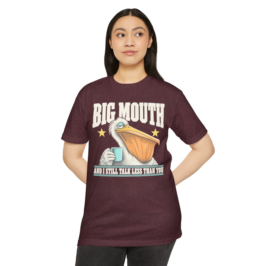 Burgundy T-shirt with front pelican holding a cup, “BIG MOUTH” text