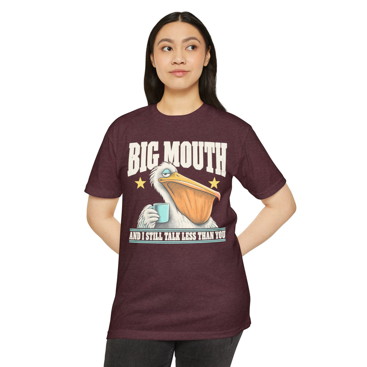 Burgundy T-shirt with front pelican holding a cup, “BIG MOUTH” text