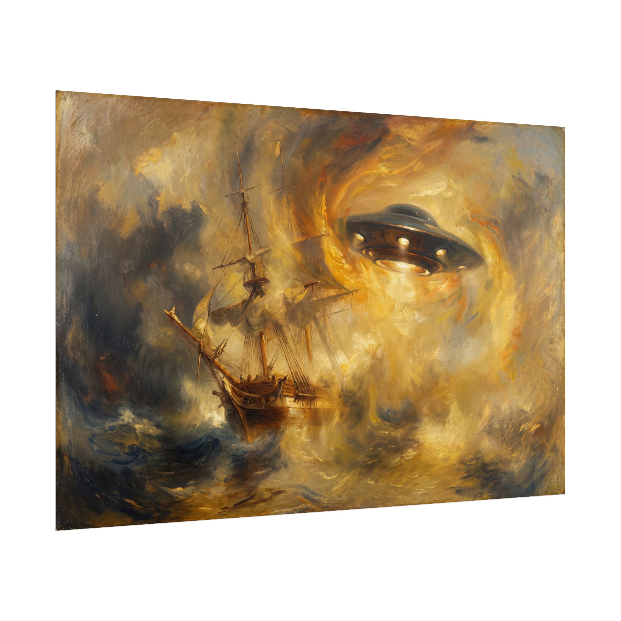 Horizontal fantasy shipwreck scene poster with golden eye-like face and ship on rough water