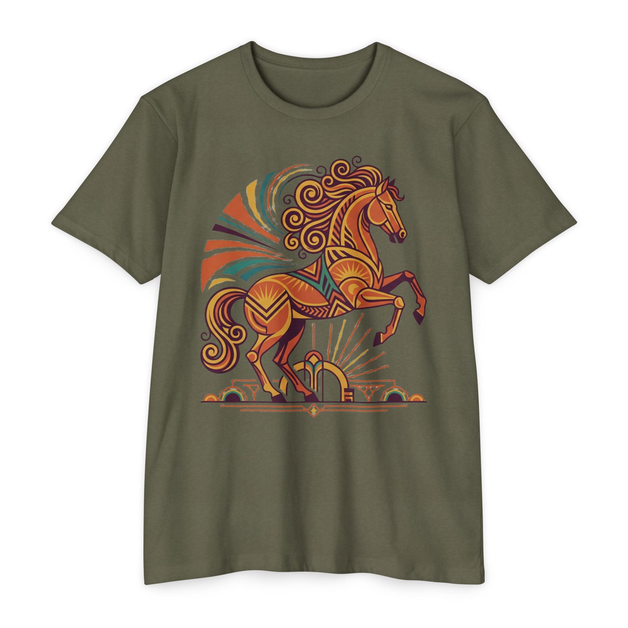 Olive green horse graphic T-shirt with colorful prancing horse illustration