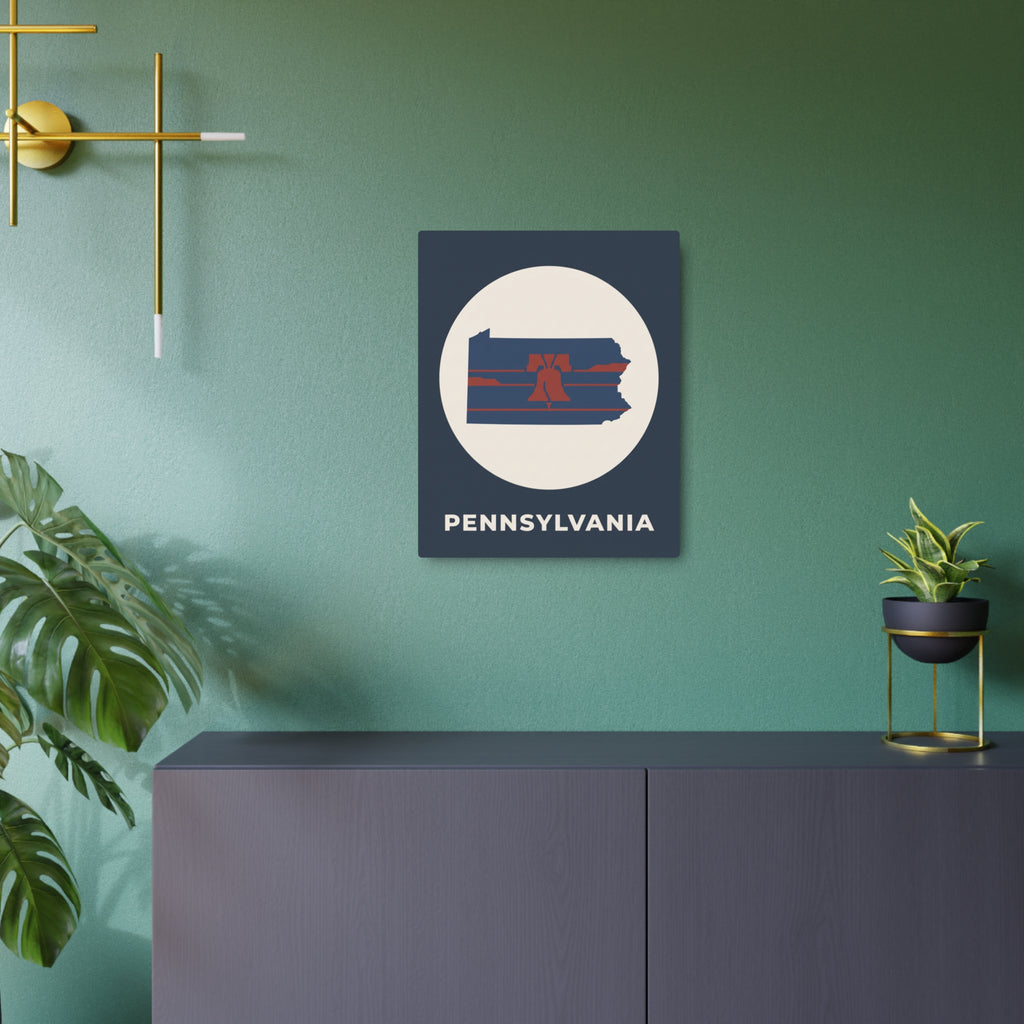 Square Pennsylvania metal wall art sign with circular emblem and blue state outline