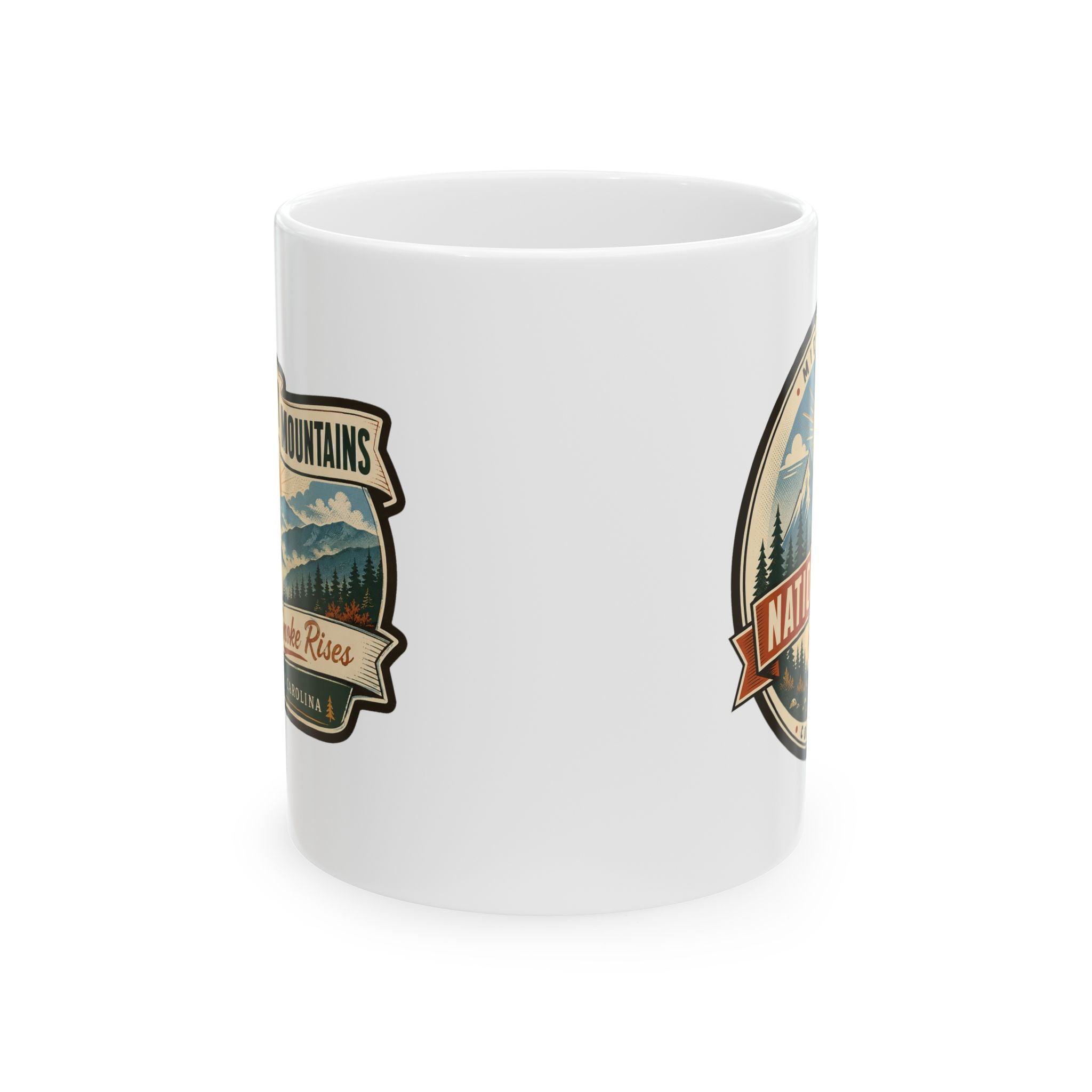 White ceramic travel mug, side badge with forest, mountains, and ribbon text