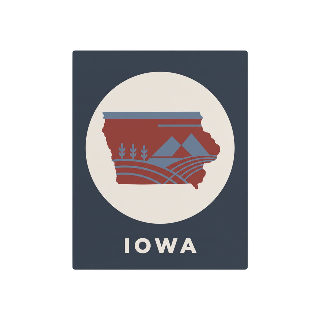 Dark blue metal wall sign with centered circular Iowa emblem and 'IOWA' text