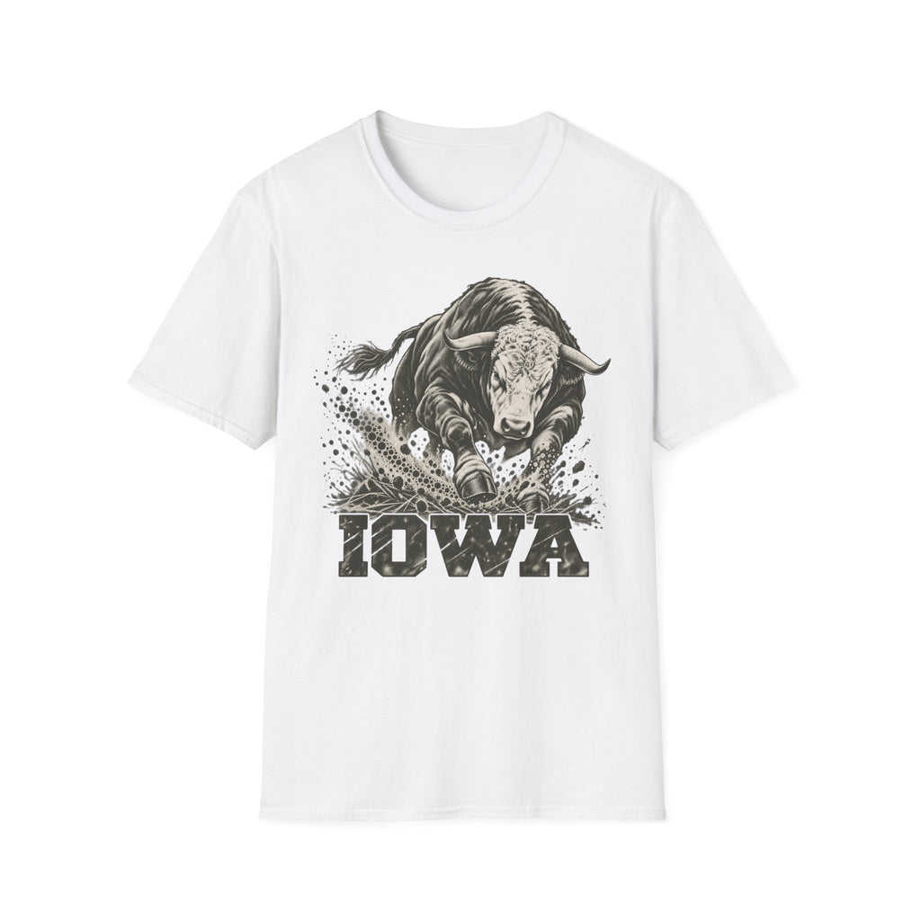 White crewneck t-shirt with charging bull and Iowa graphic print on front