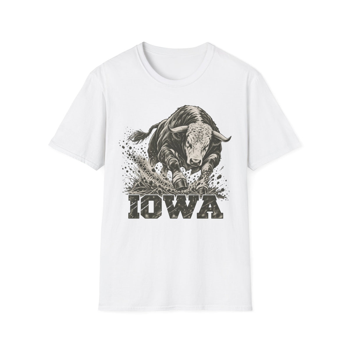 White crewneck t-shirt with charging bull and Iowa graphic print on front