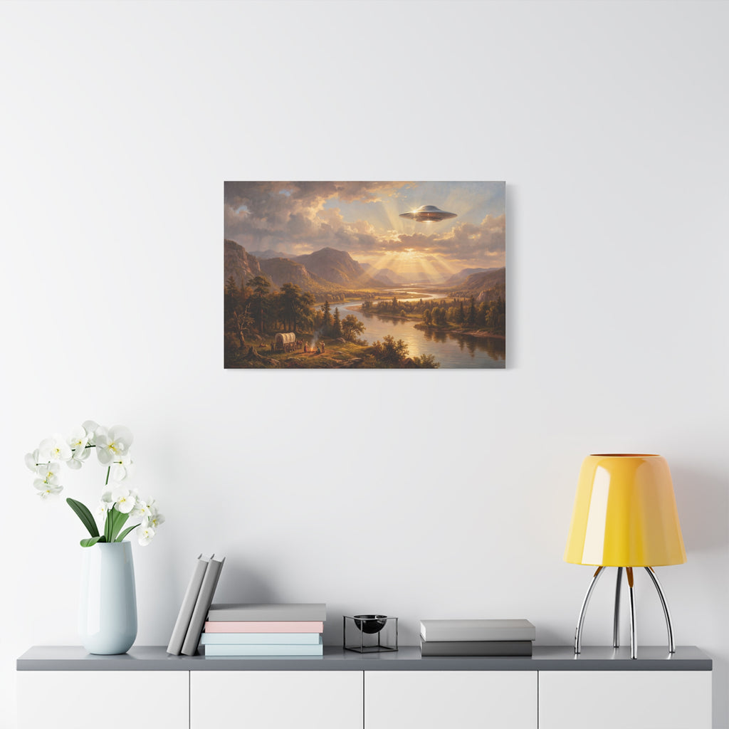 Small pastoral river landscape canvas print featuring mountains, a glowing UFO, and sunset