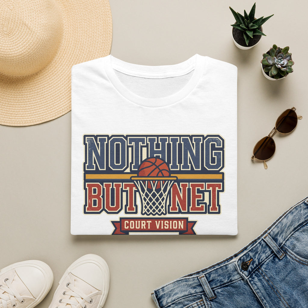 White basketball T-shirt with “Nothing But Net” court vision graphic on front.