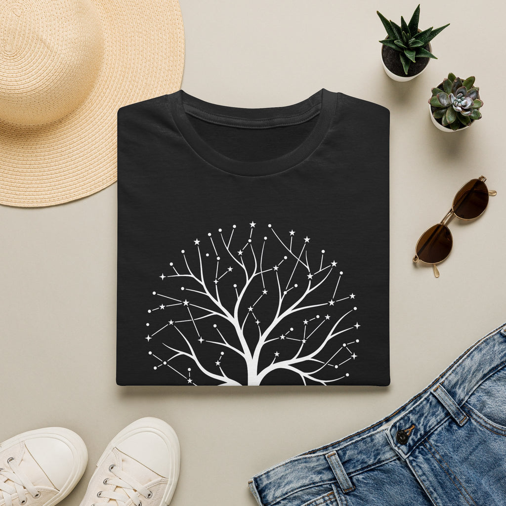 Black t-shirt with white celestial tree of life and star constellation artwork on front.