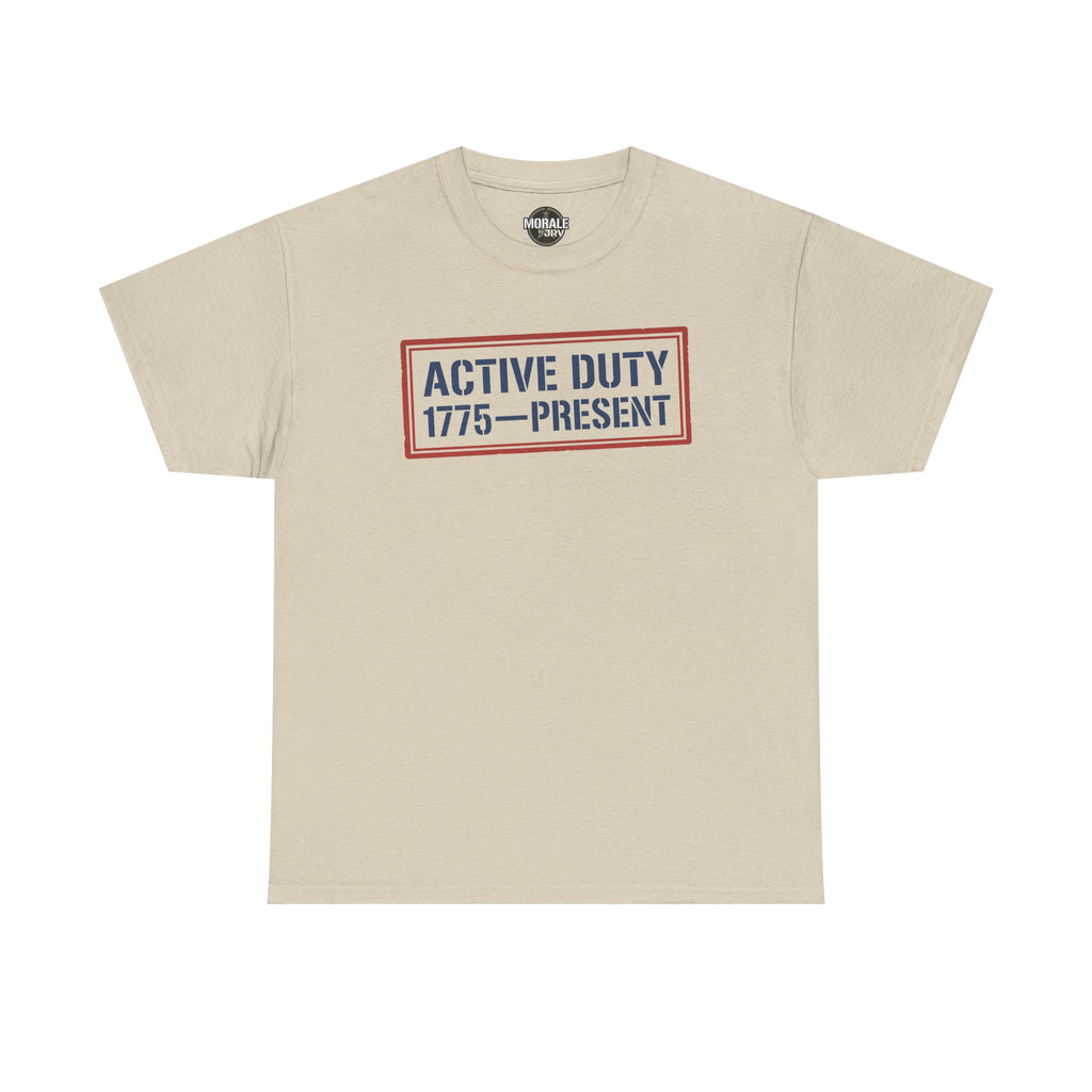 Sand crew-neck short-sleeve tee with 'ACTIVE DUTY 1775–PRESENT' chest graphic