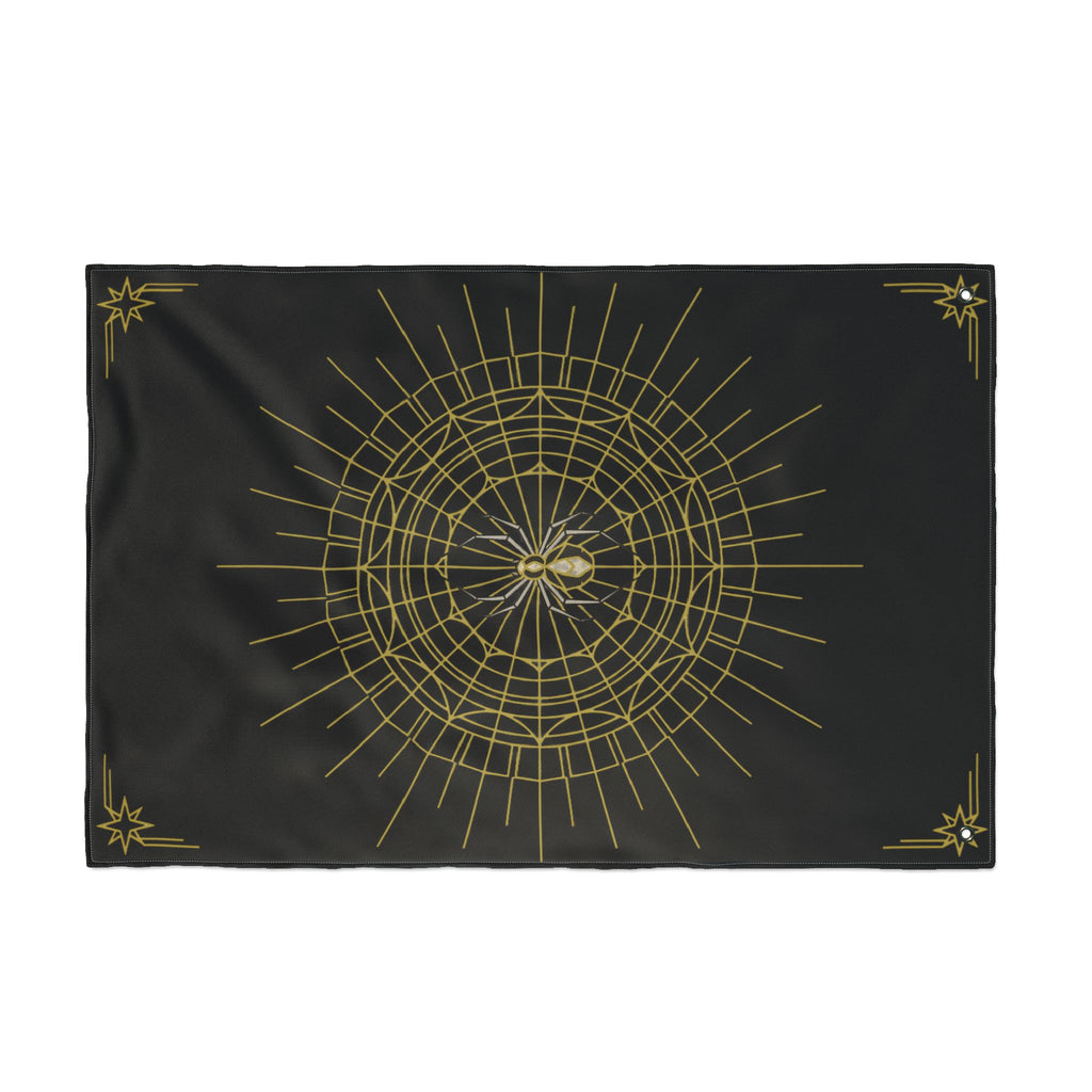 Black Halloween banner with gold spider web mandala center and reinforced corner holes