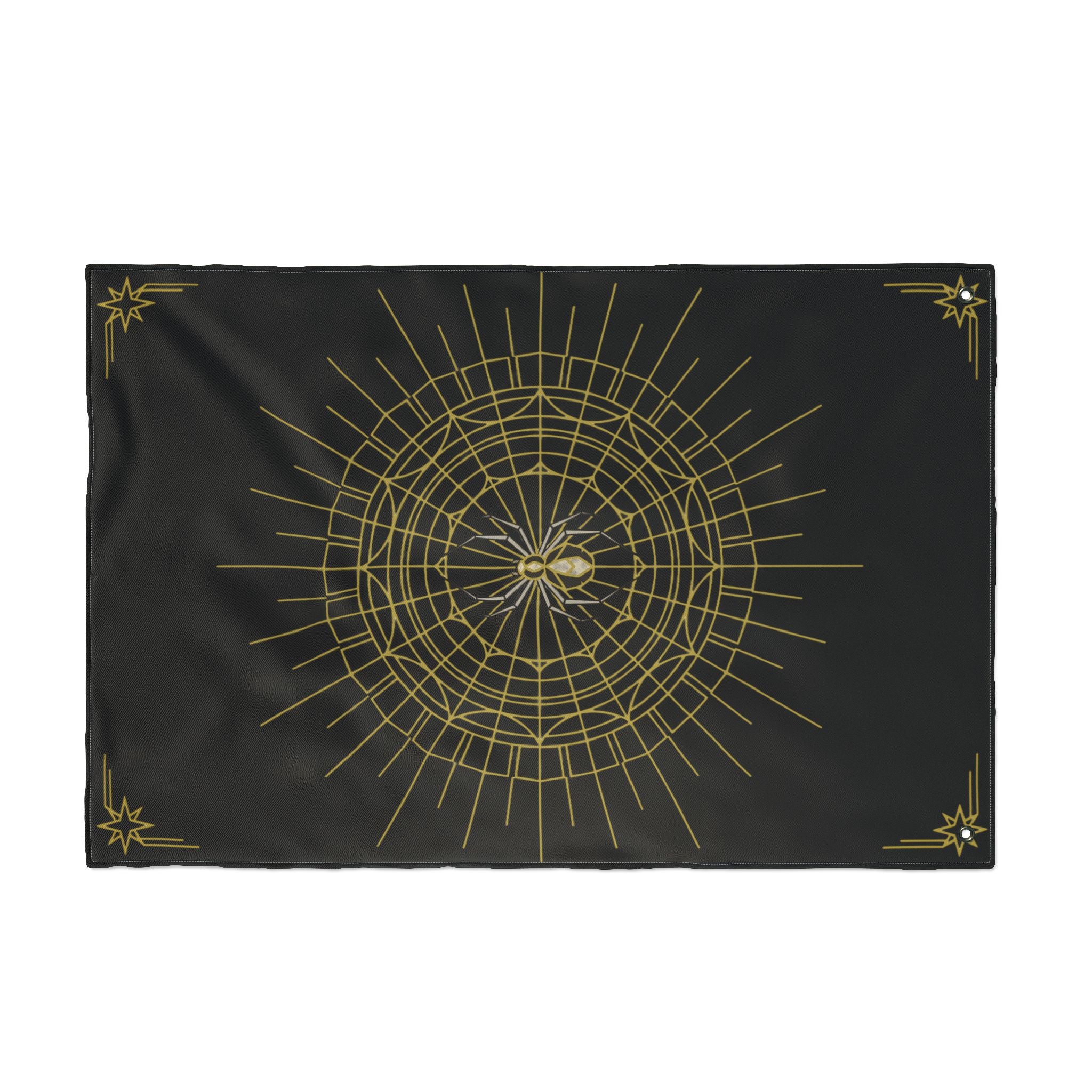 Black Halloween banner with gold spider web mandala center and reinforced corner holes