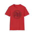 Red t-shirt with round flag graphic printed on the front